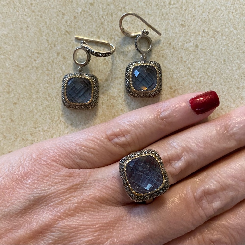 Sterling Silver Topaz Marcasite Ring Earrings Set